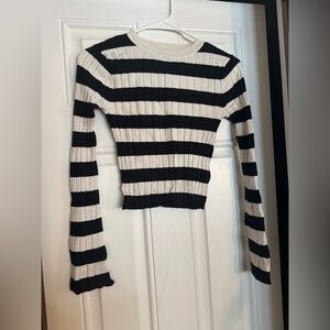 Striped Black and White Ribbed Long Sleeve Top, Size Small